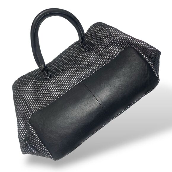 Cole Haan Genuine Leather Woven Black Silver Bag Tote Double Handle 13 x 11 x 6" - Picture 13 of 13